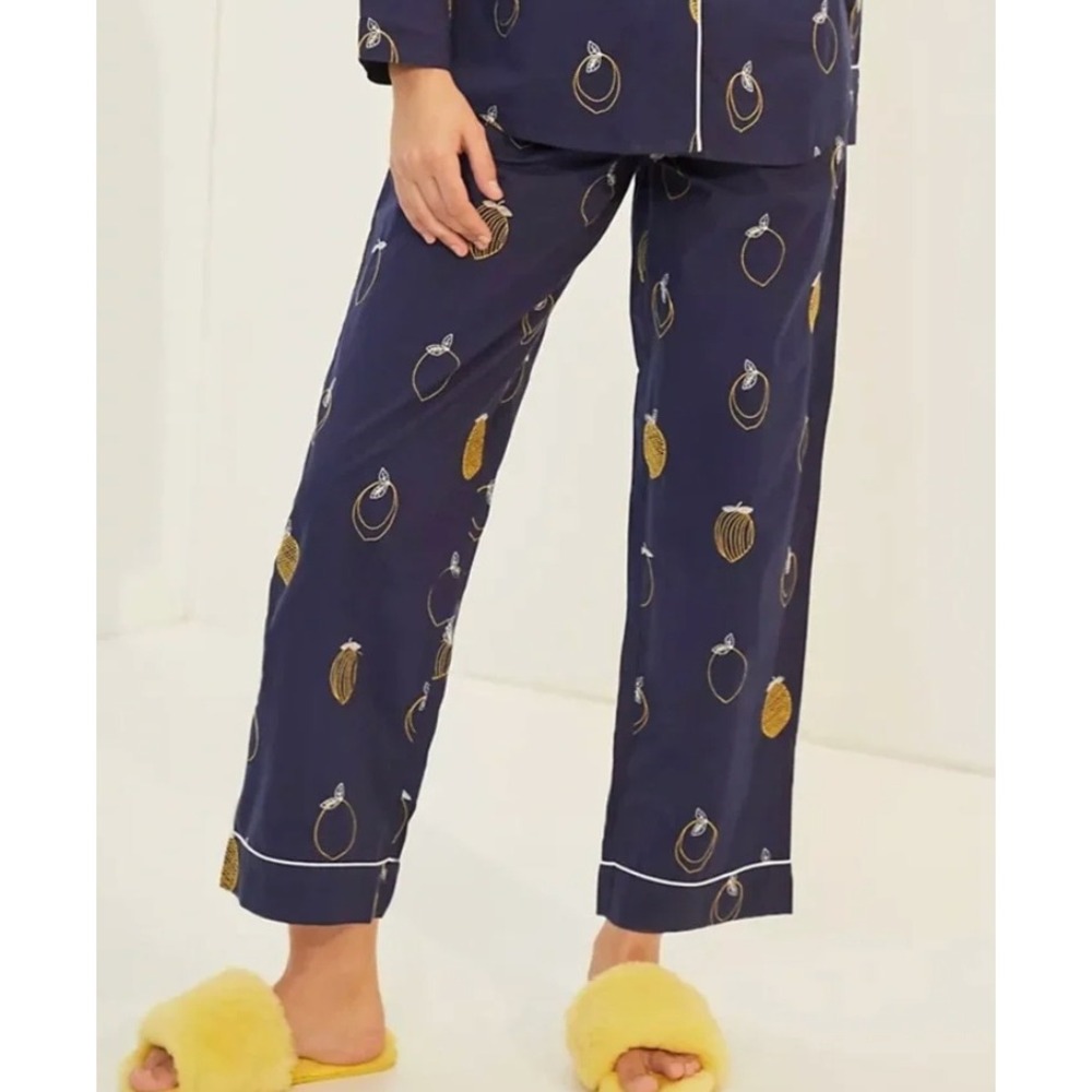 Printfresh Anthropologie Navy Blue Lemon Embroidered Pajama Pants XS Loungewear